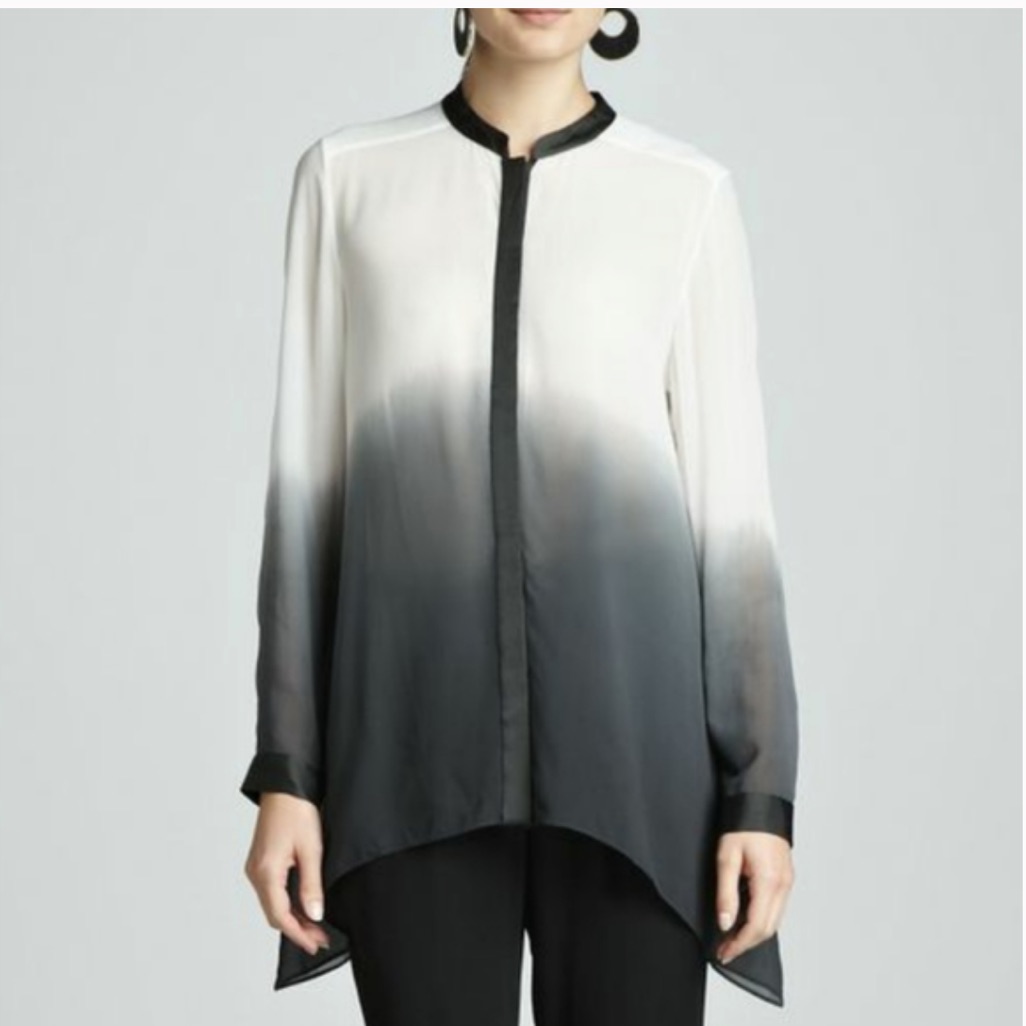 Eileen Fisher Silk Ombr Gray White Button Down Shirt Tunic Sz S